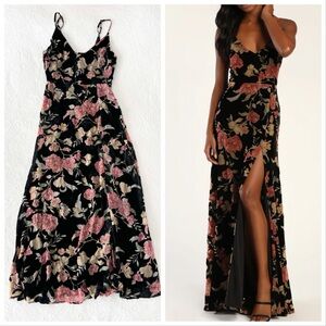 Lulu's Black and Pink Floral Maxi Dress velvet